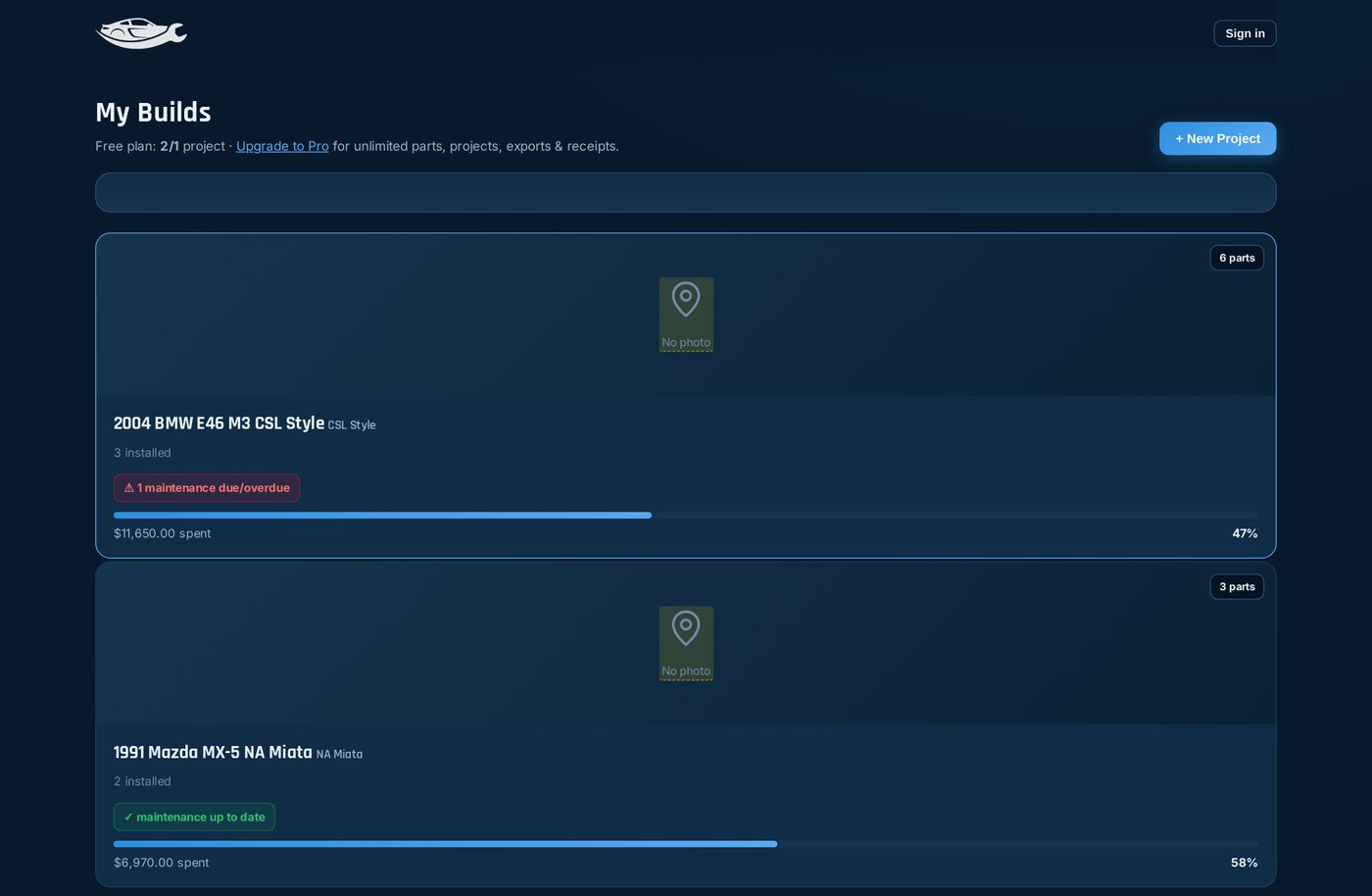FlyingLap Garage dashboard showing two project cars with spend and progress